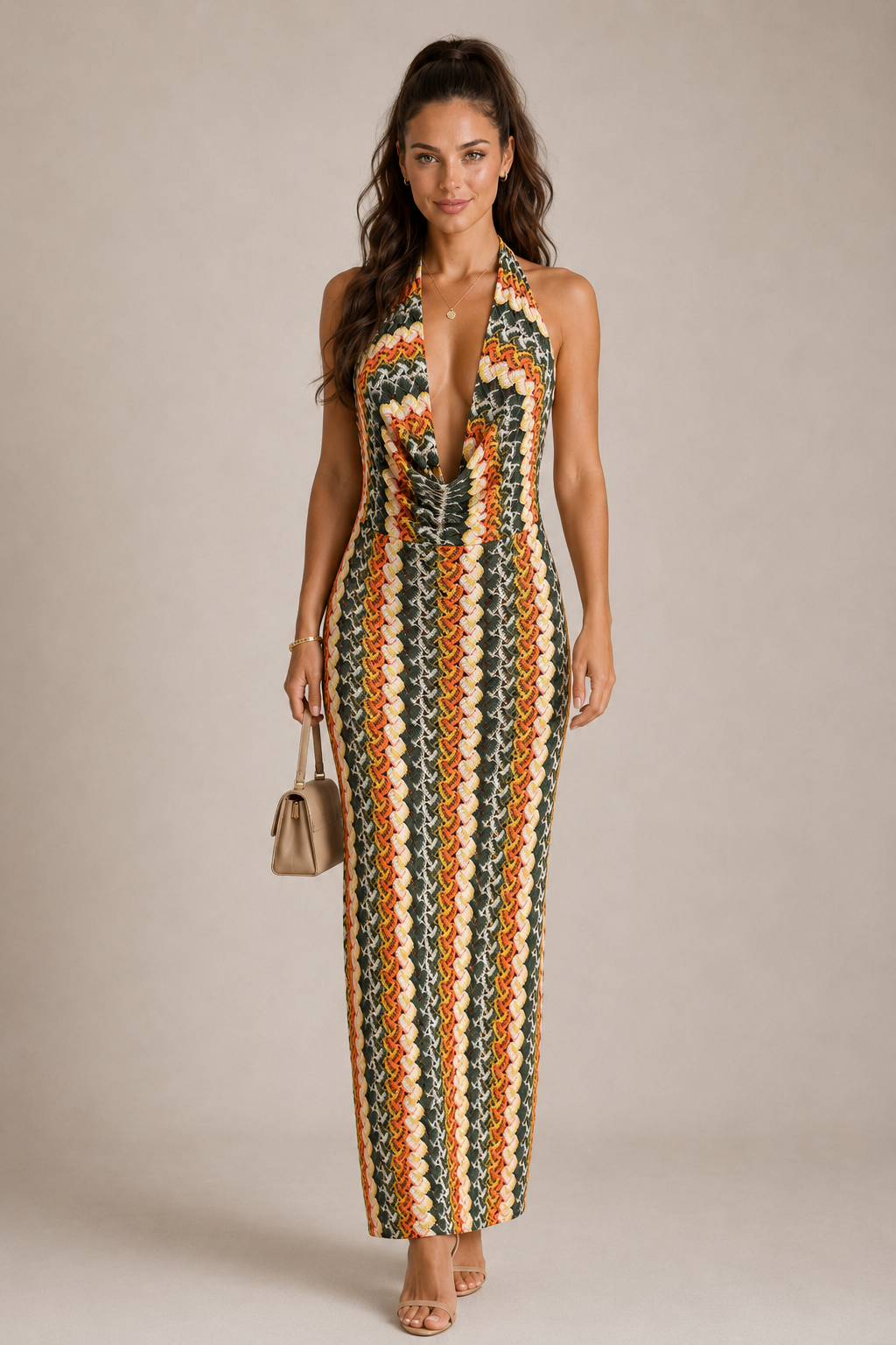 Vestido en punto elástico con lazo atado al cuello