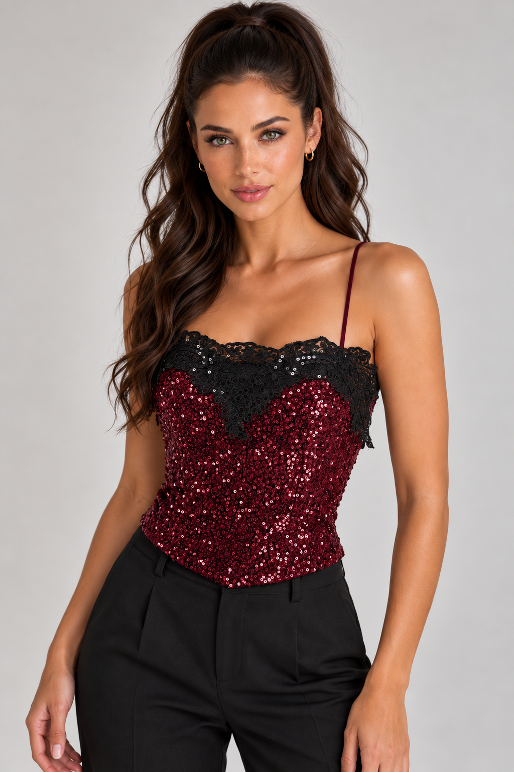 Top Carlotta de lentejuelas en burdeos, vista frontal
