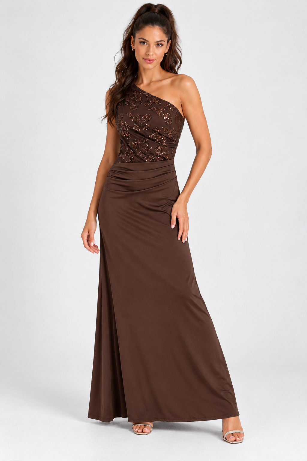 Vestido Antea asimétrico chocolate MIAyMIA vista frontal