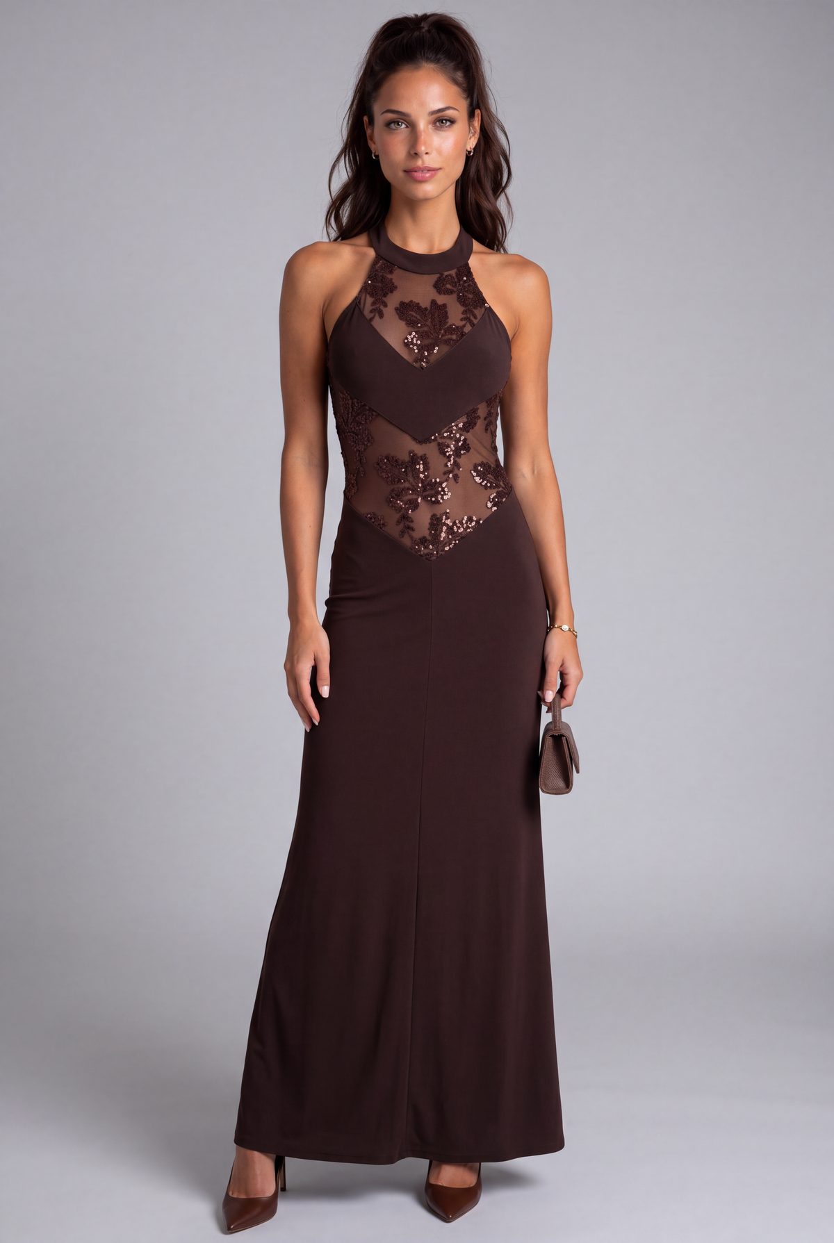 Vestido Bianca largo marrón MIAyMIA vista frontal