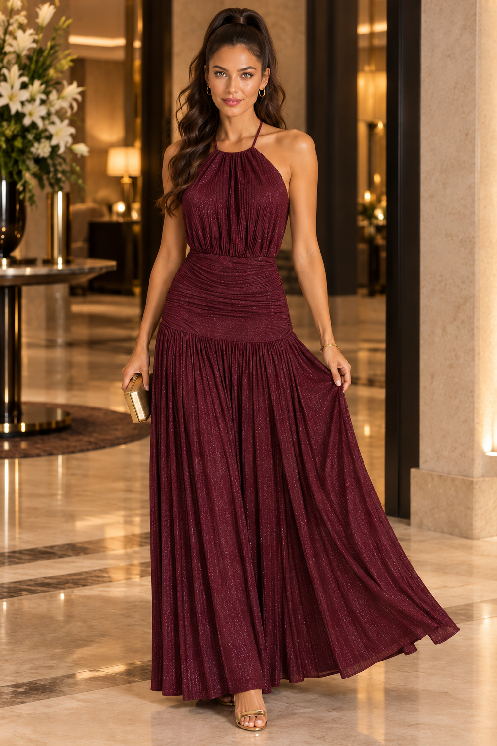 Vestido Celestina burdeos con modelo MIAyMIA - ChatGPT