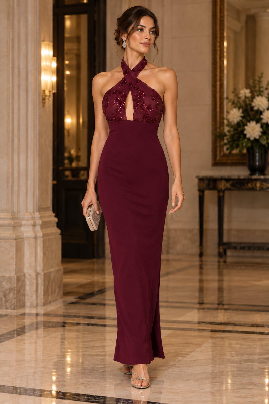Vestido Beatrice largo con lentejuelas vino MIAyMIA vista frontal