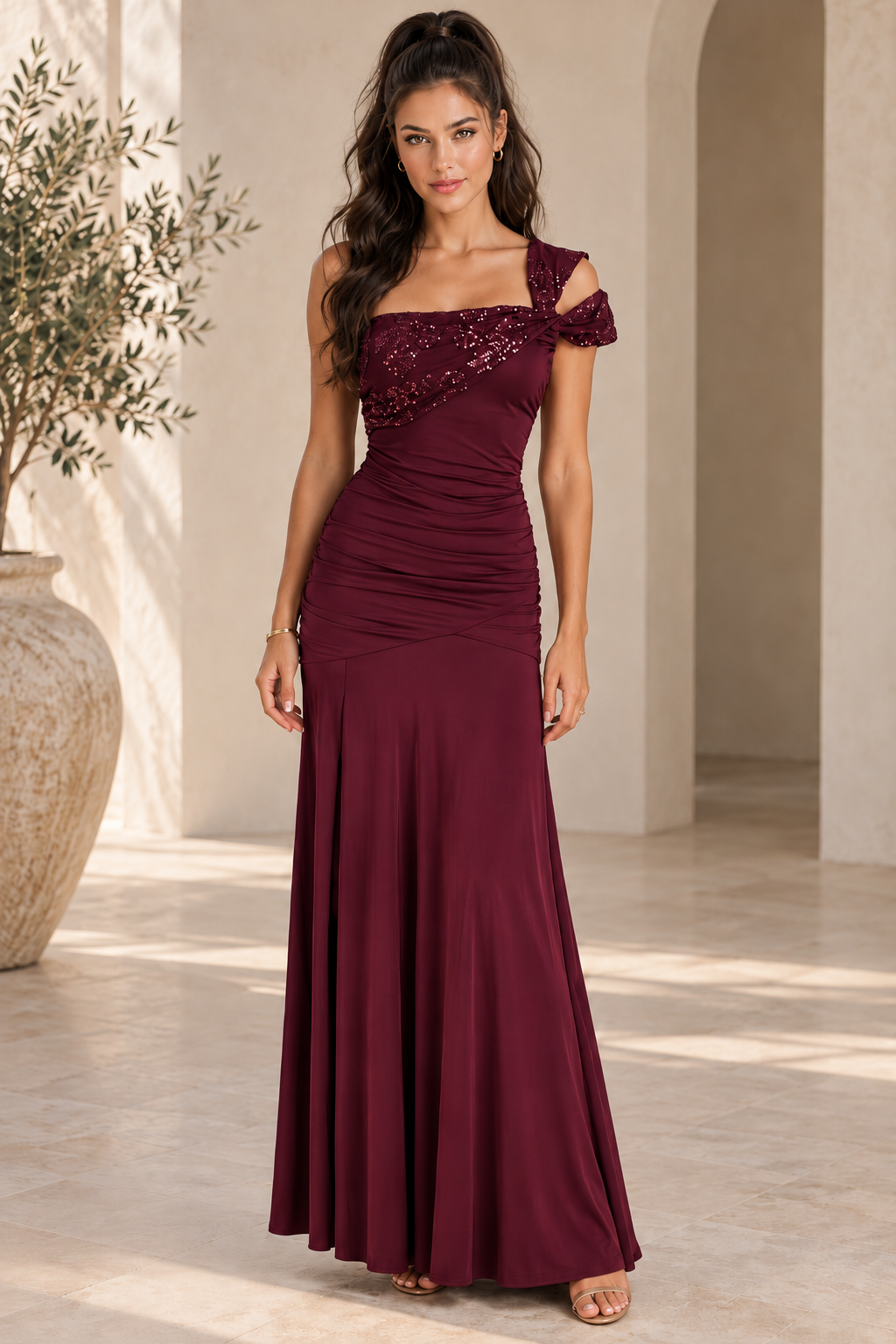 Vestido Giada largo burdeos MIAyMIA vista frontal