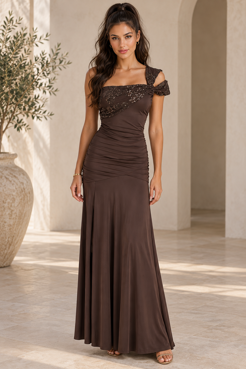 Vestido Giada largo chocolate MIAyMIA vista frontal