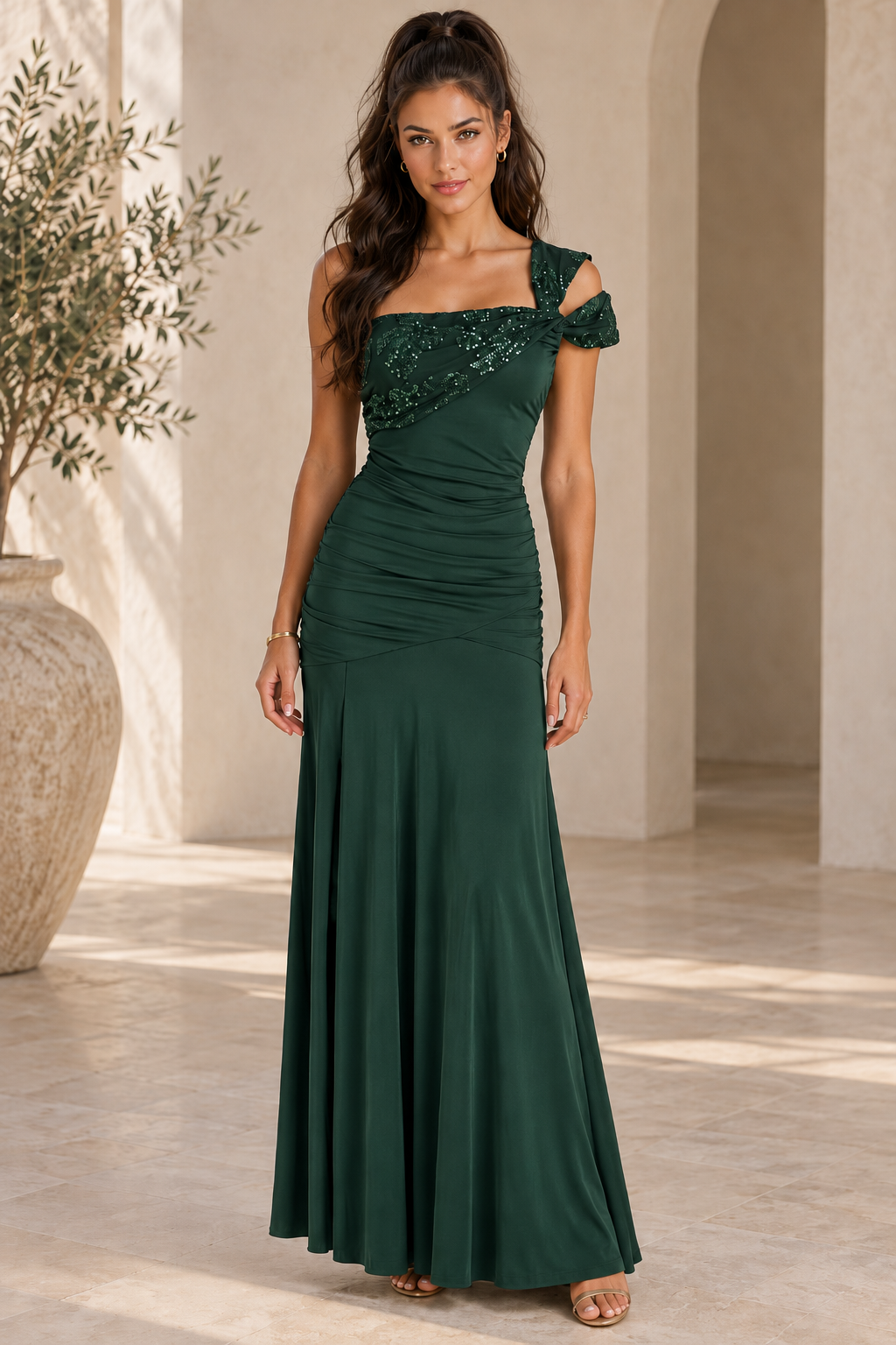 Vestido Giada largo verde botella MIAyMIA vista frontal
