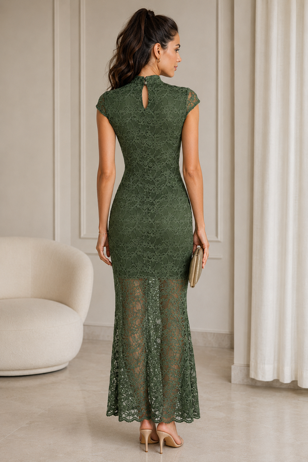 Vestido Jade de encaje color verde kaki, vista de espalda