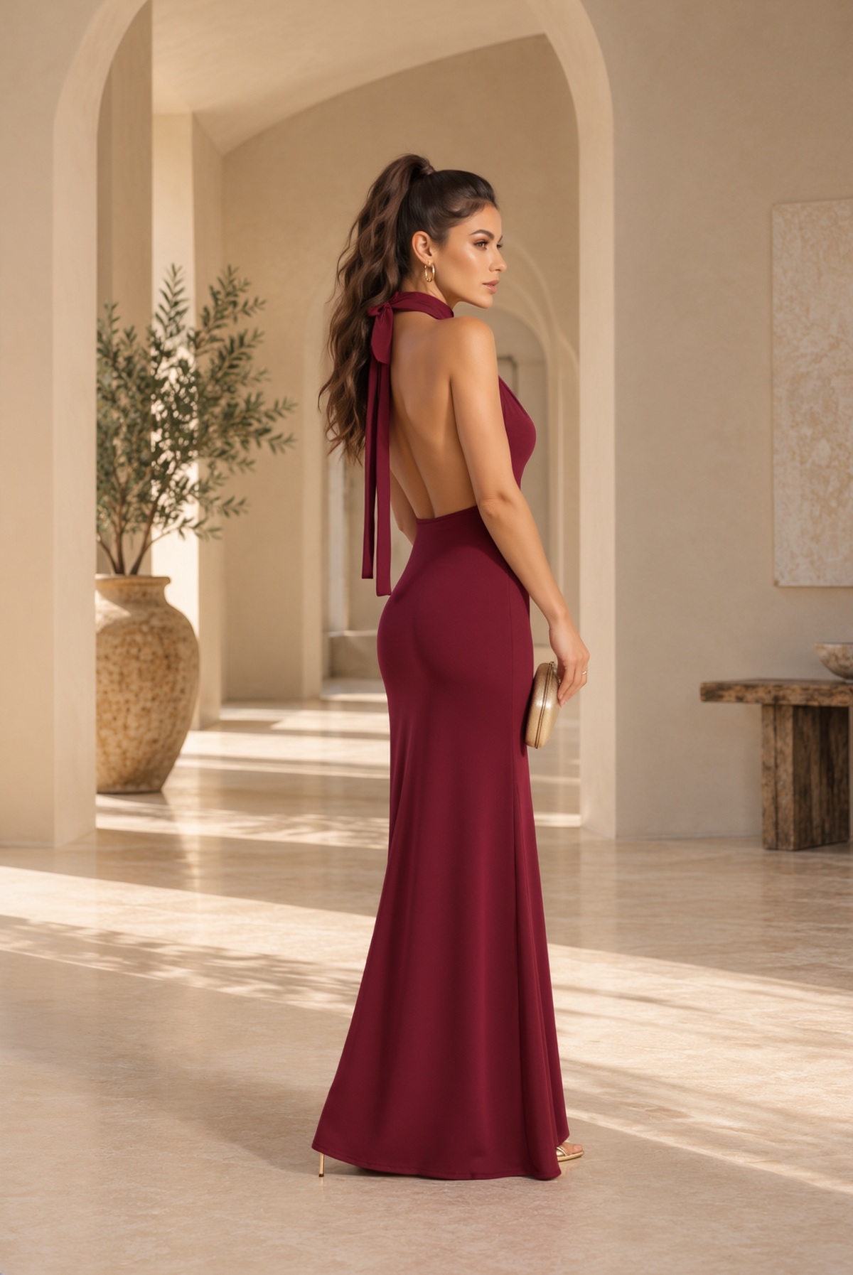 Vestido Luciana largo halter en burdeos, vista de espalda