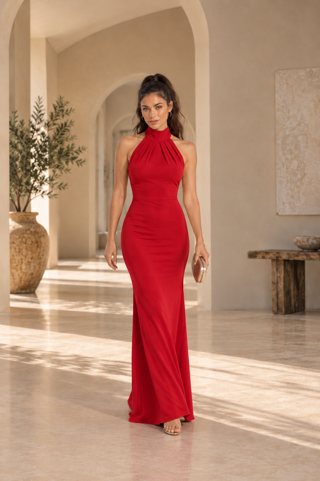 Vestido Luciana largo halter en rojo, vista frontal