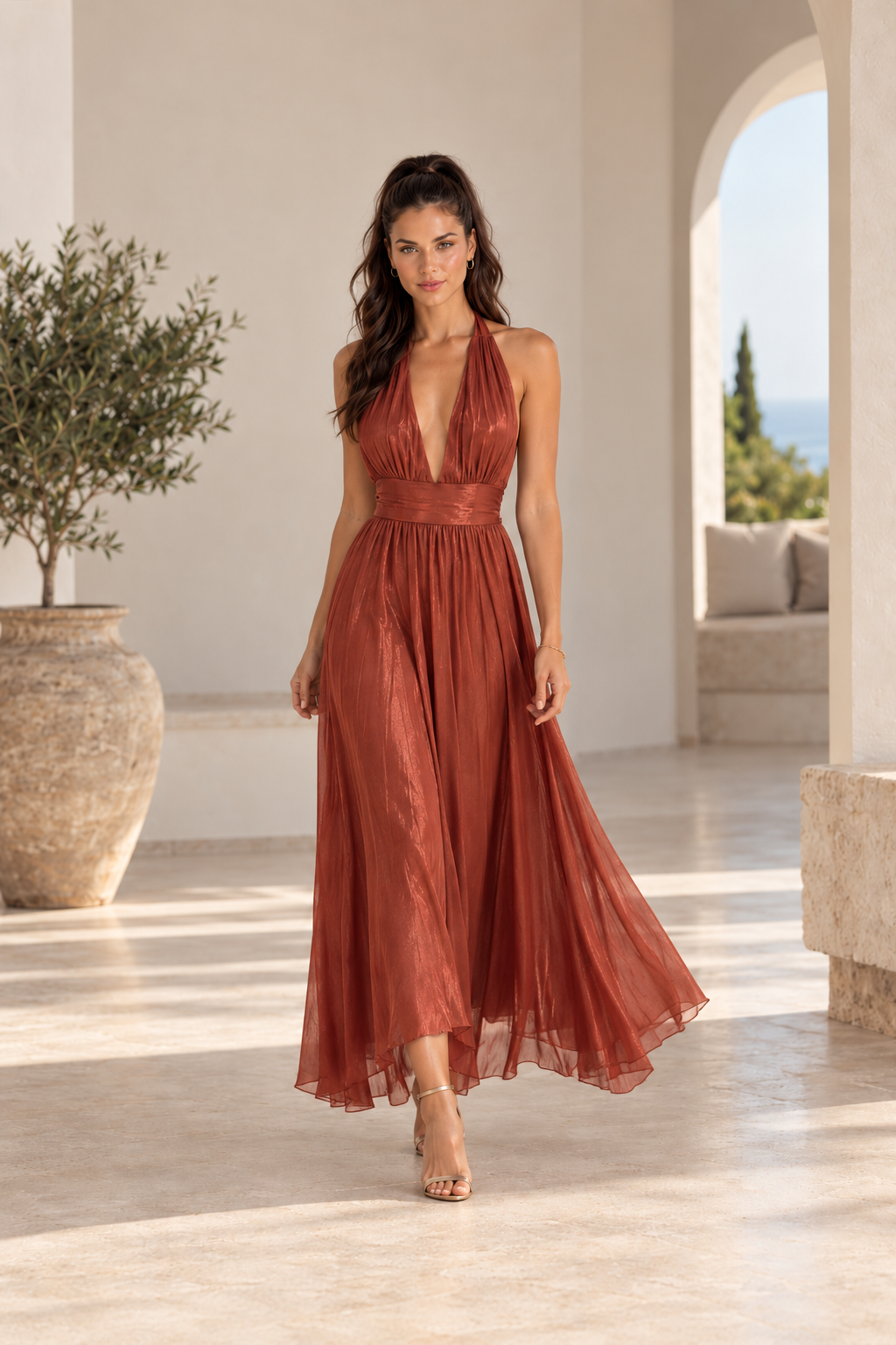 Vestido Vanna largo halter en teja, vista frontal
