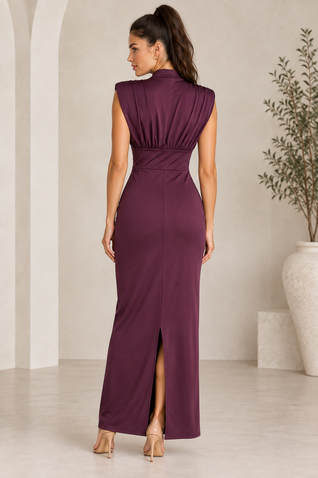 Vestido Velia berenjena espalda